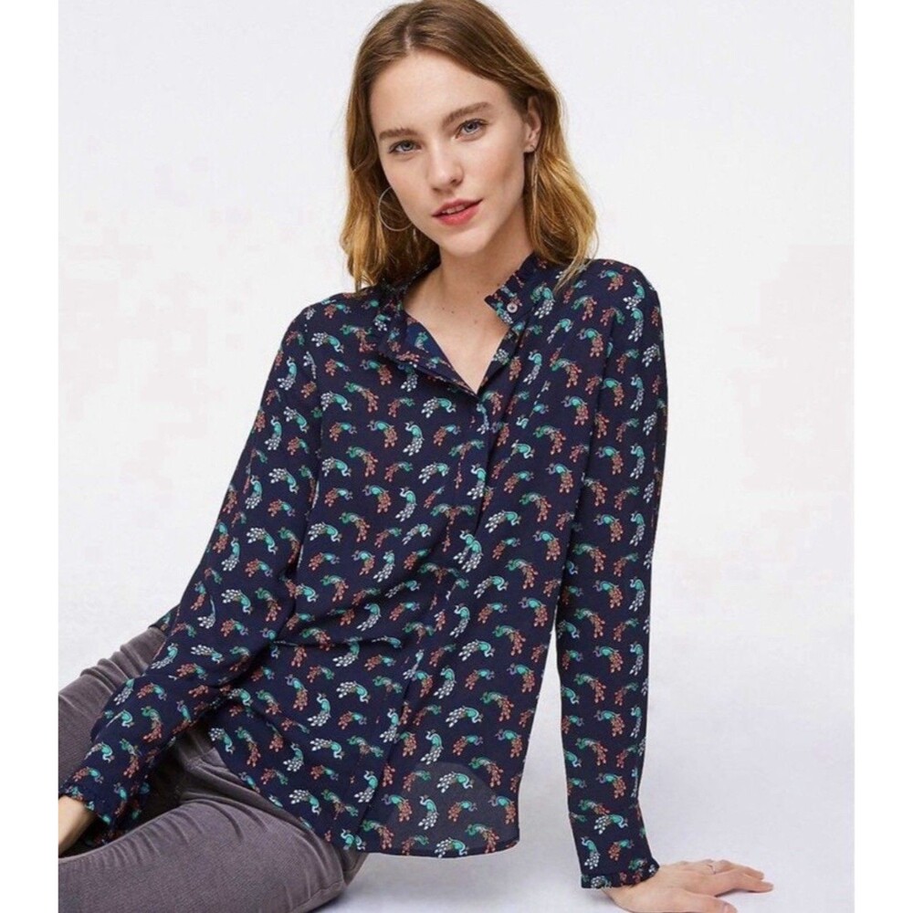 LOFT Blouse Women’s XL Navy Peacock Print Ruffle Neck Long Sleeve Bird Top